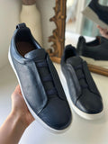Zegna Navy Blue Deerskin Triple Stitch™ Sneakers – Luxury Slip-On